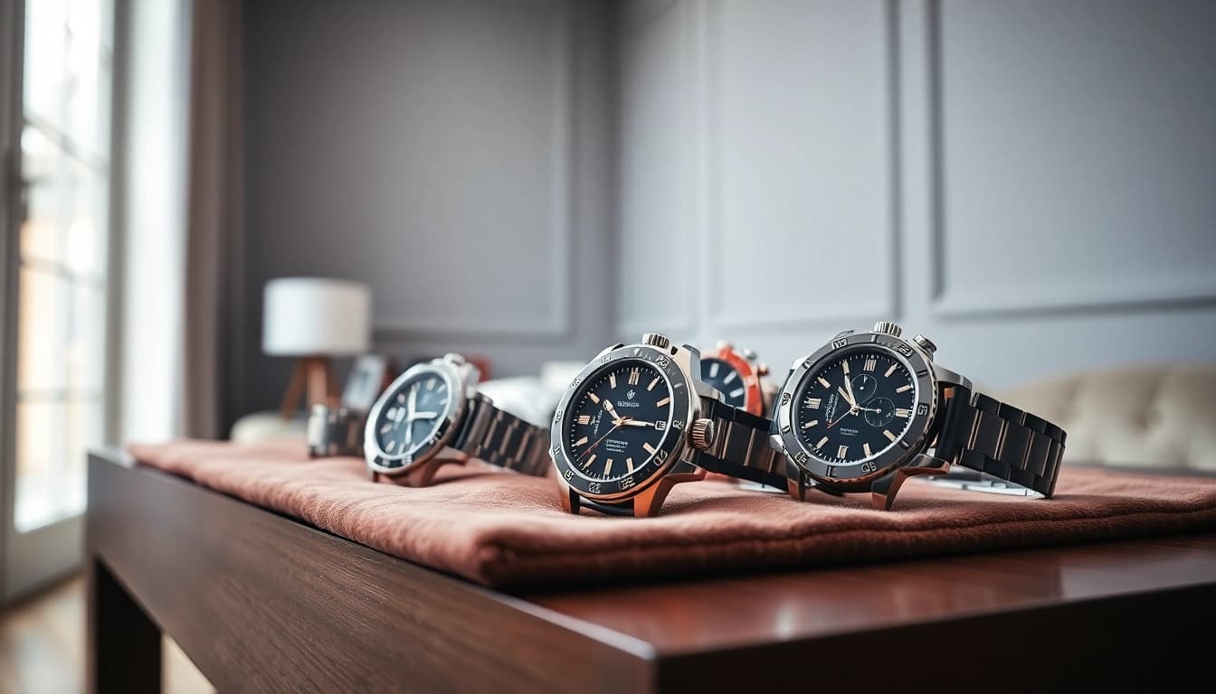 Showcase of replica watches highlighting craftsmanship and elegance on a wooden table.