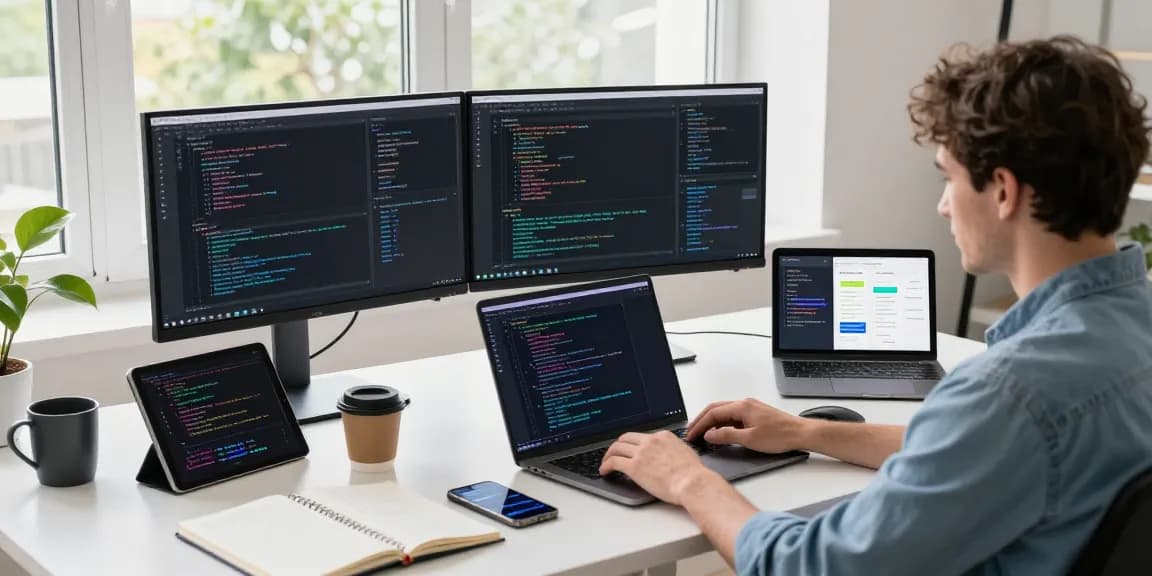 MoltBot AI enhancing productivity in a modern tech workspace with multiple devices and coding elements.