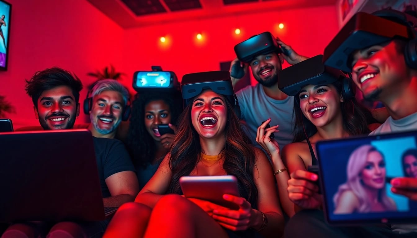 Adult gamers enjoying diverse porn games on various devices, showcasing a vibrant gaming community.