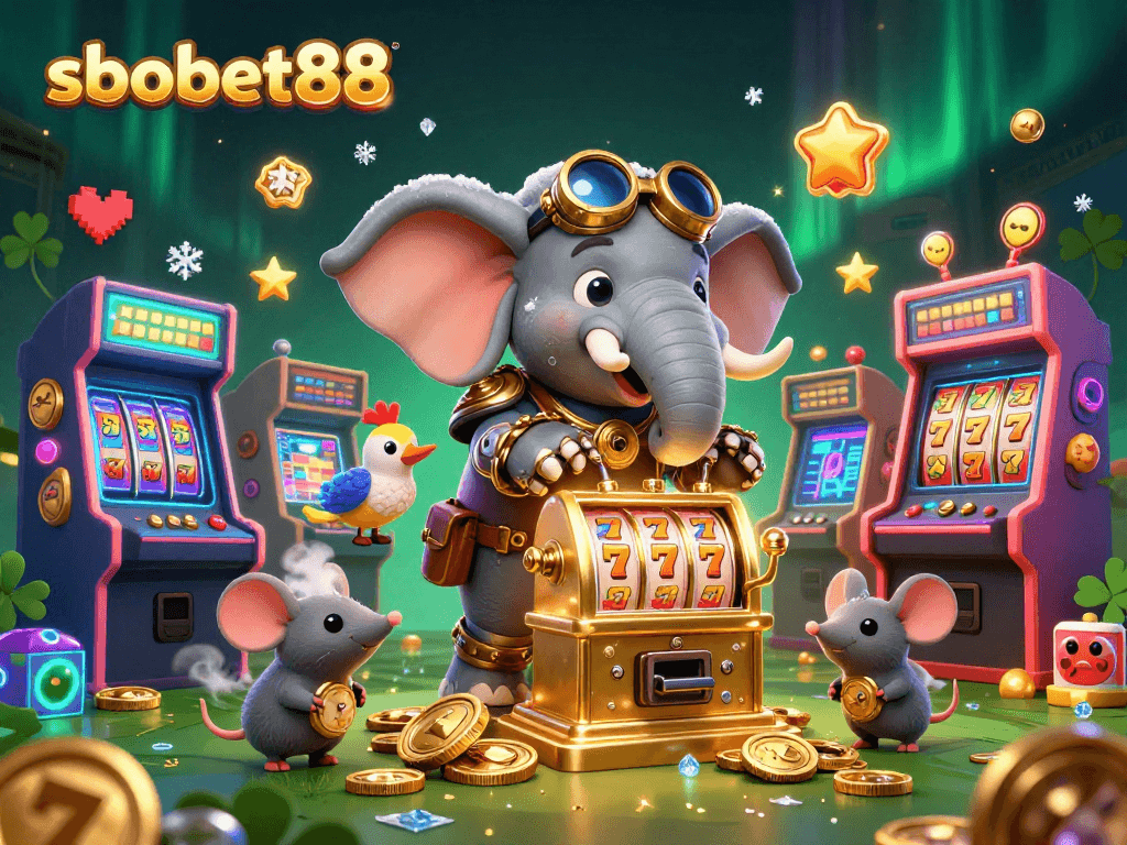 Engage with sbobet88's vibrant 3D casino scene, showcasing an elephant engineer and dynamic gambling elements.