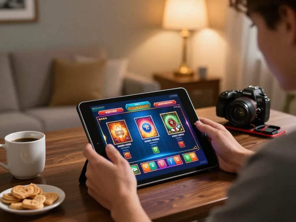 Engaging mobile gambling experience with hm88 on a tablet in a cozy setting.