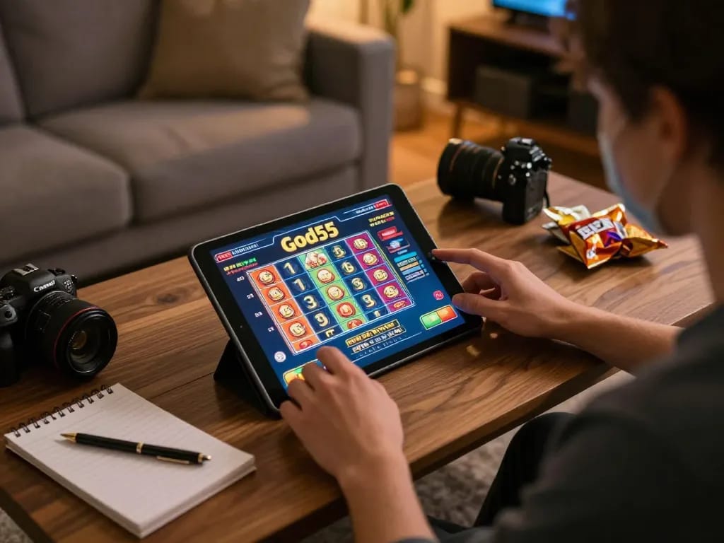 Player enjoying God55 online slots on tablet with cozy home setup