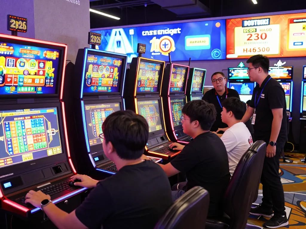 Exciting urban gaming scene showcasing players at rusuntogel slot machines in a vibrant gaming hub