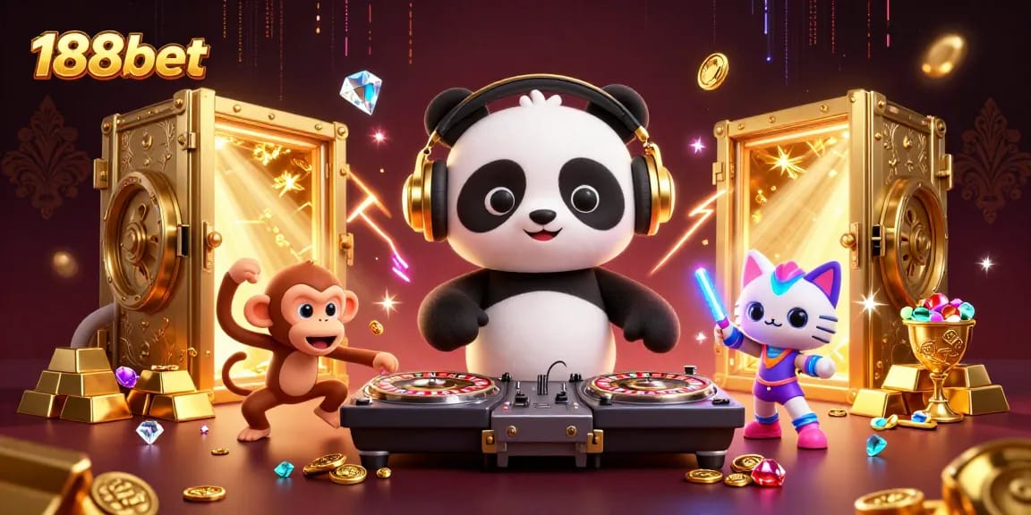 Experience the thrill of 188bet with a vibrant casino scene featuring a DJ panda and colorful characters.
