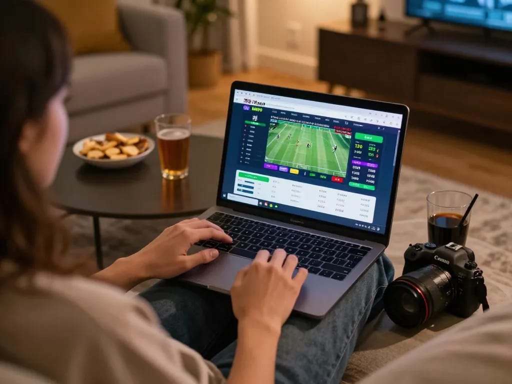 Betting on Thể Thao MM99 using a laptop in a cozy living room, displaying live sports odds and graphics.