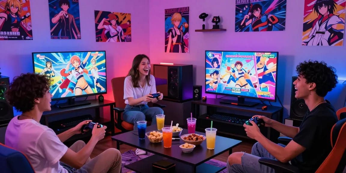 Friends enjoying an ecchi game together in a colorful gaming room filled with anime decor and snacks.