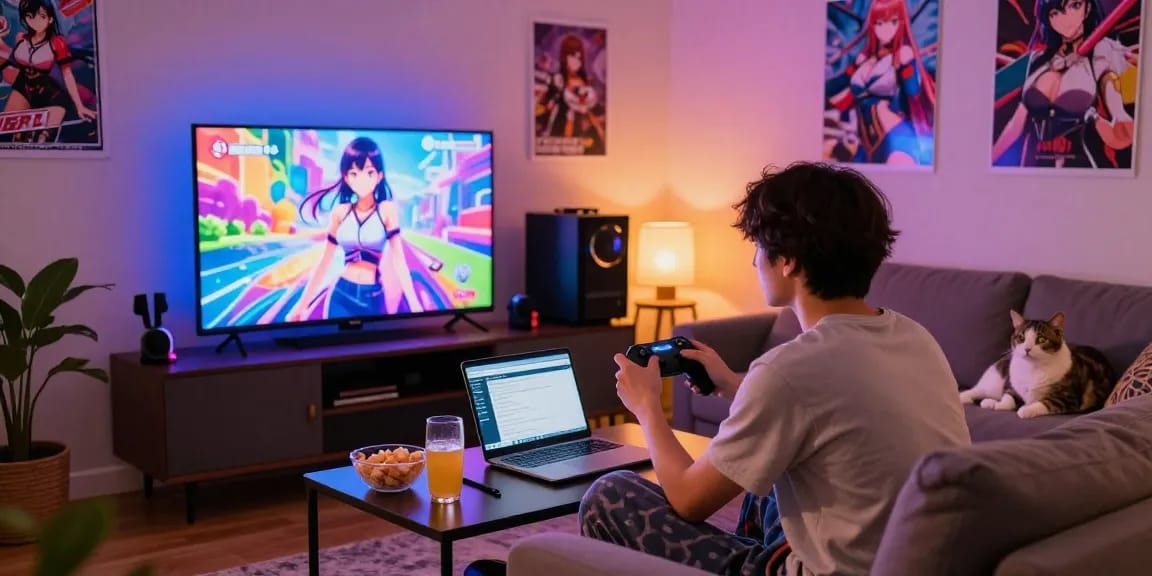 Player enjoying a hentai game in a cozy living room with snacks and gaming setup.
