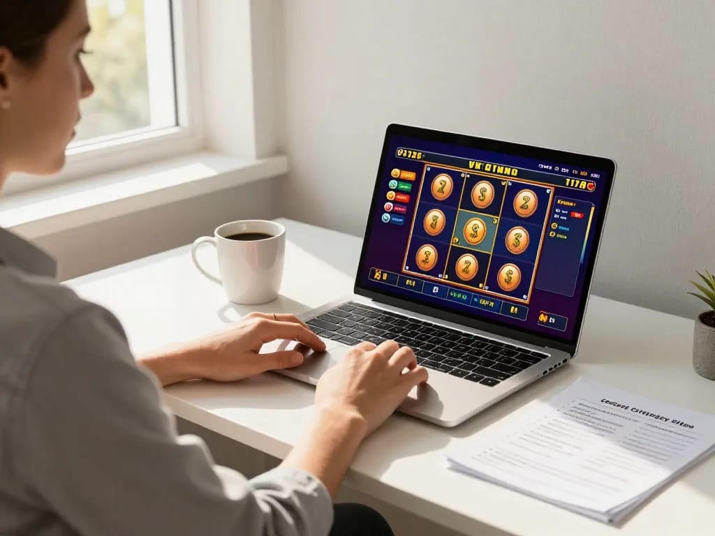situs slot game interface showcased on laptop in a modern home gaming room setting