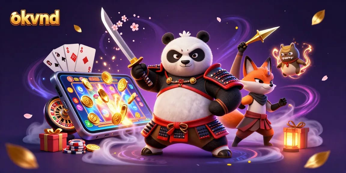 Engage with okvnd in this vibrant 3D scene of samurai panda and friends surrounded by thrilling casino elements.