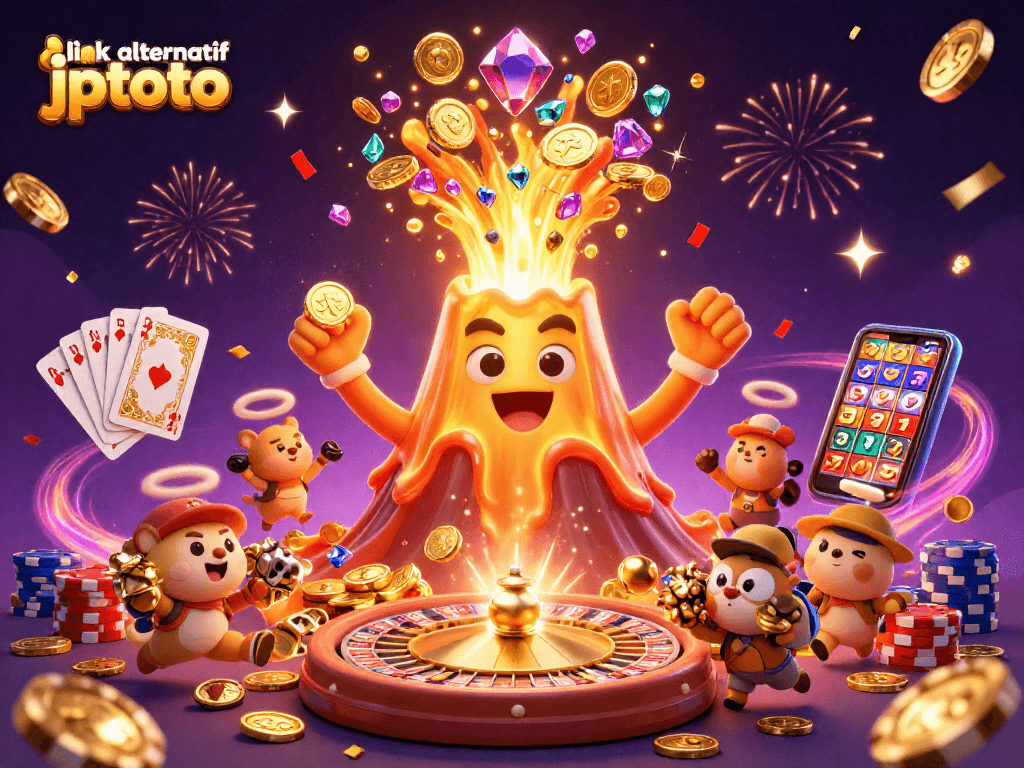 Spin to win with link alternatif jptoto, featuring a vibrant 3D casino scene filled with treasure!