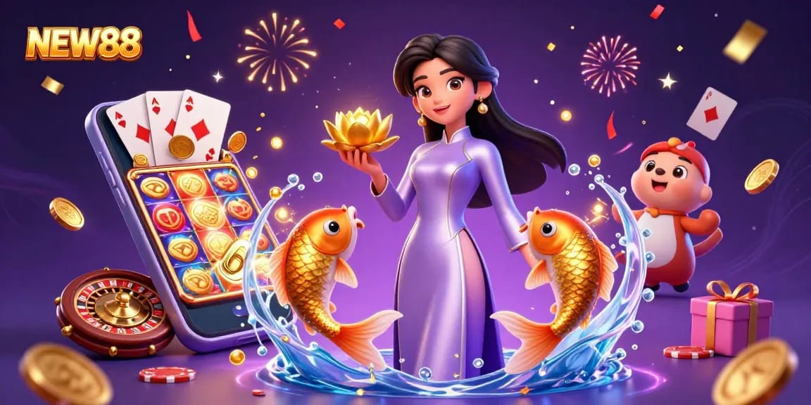 Experience the magic of NEW88 with a vibrant casino scene featuring a stylish woman and dynamic gaming elements.