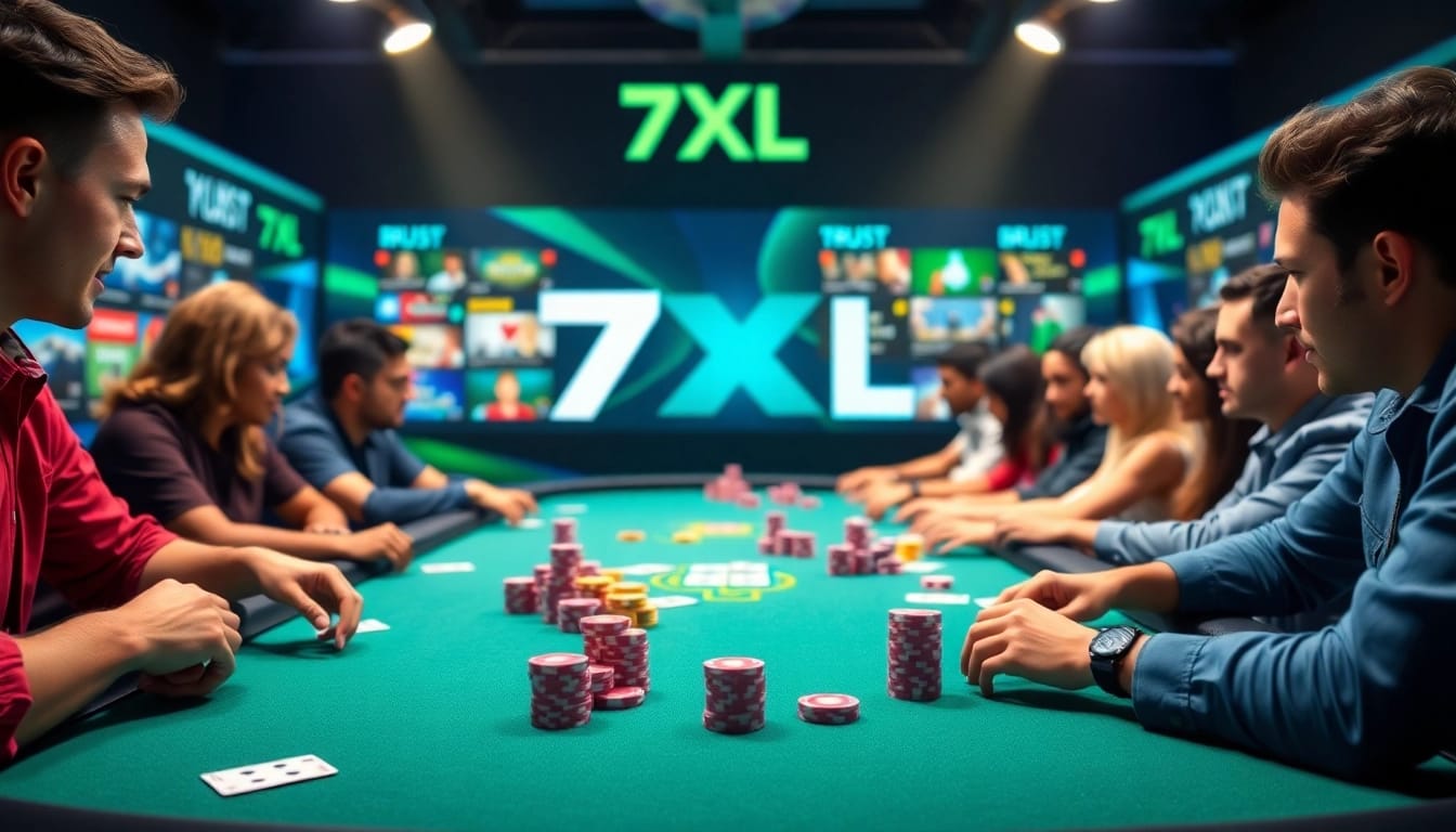 7xl להורדה - סצנת פוקר מרתקת המציגה את פלטפורמת הפוקר המקוון 7XL עם שחקנים והממשק הדיגיטלי הצבעוני.