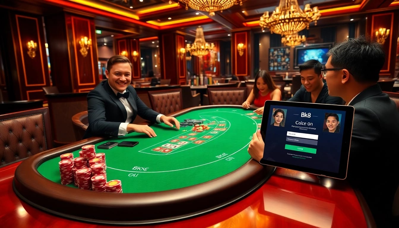 Experience easy bk8 login at a luxurious casino table with excited players and vibrant poker chips.