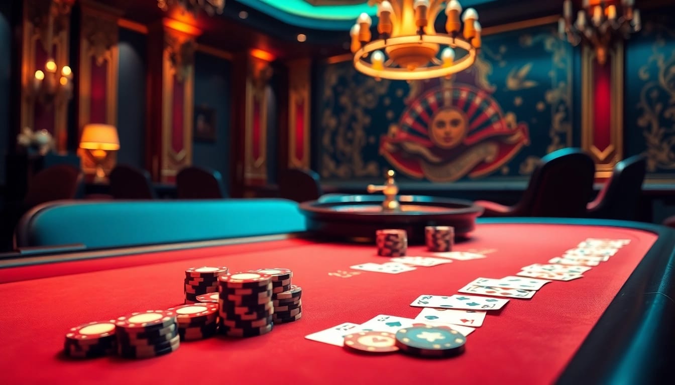 KJC players strategizing at a luxurious casino table with poker chips and cards.