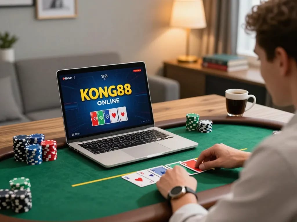 KONG88 player strategizing in an online poker game with vibrant screen details.