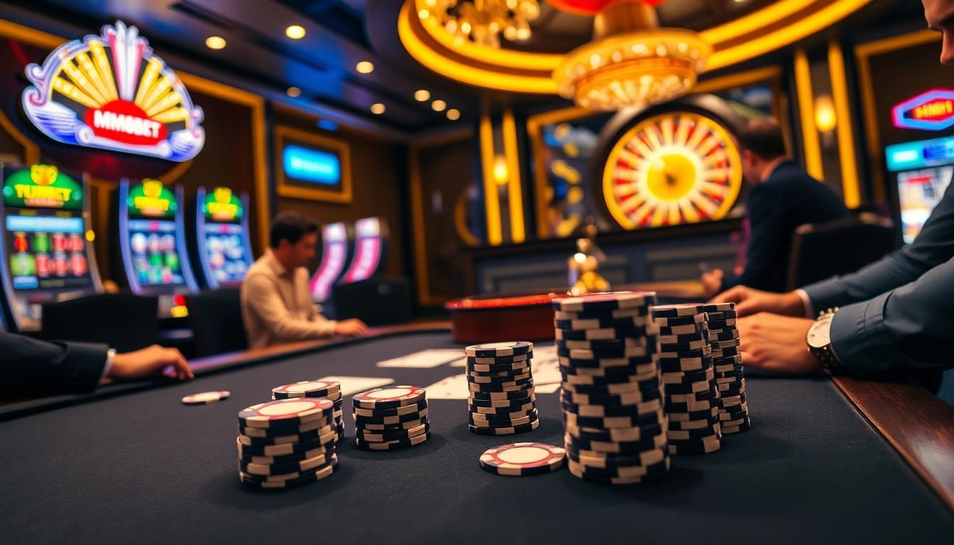 Players strategizing at a high-stakes poker table in an MM88BET casino setting.