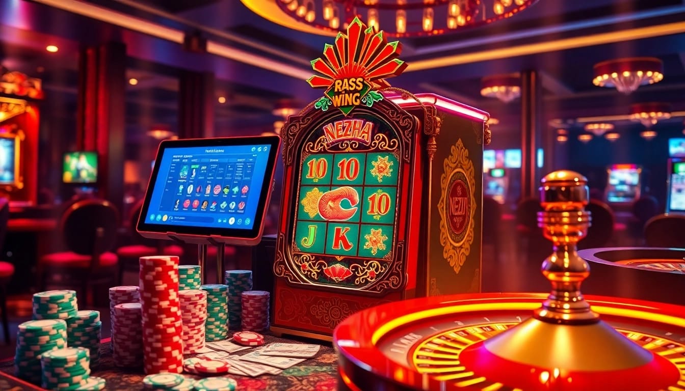 Play Nezha ฝากถอนออโต้ at a vibrant casino with luxurious slot machines and poker chips.