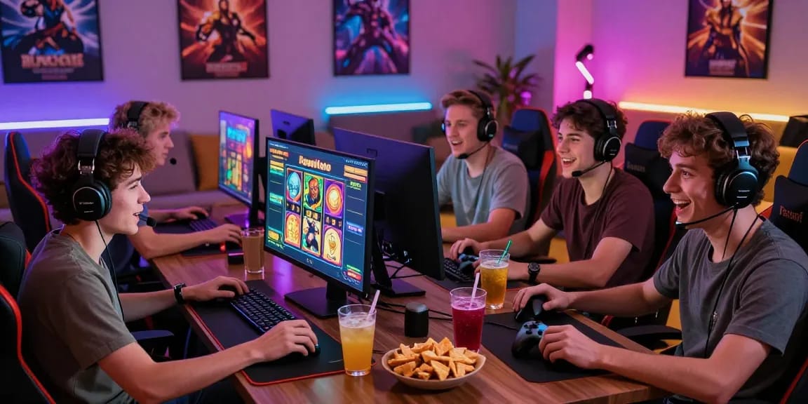 Engaged players enjoying a pajaktoto slot game in a vibrant gaming room with snacks and colorful lighting.