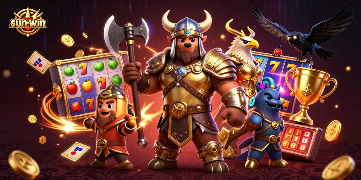 Experience thrilling casino action with sun-win's dynamic 3D illustration featuring slots and vibrant characters.