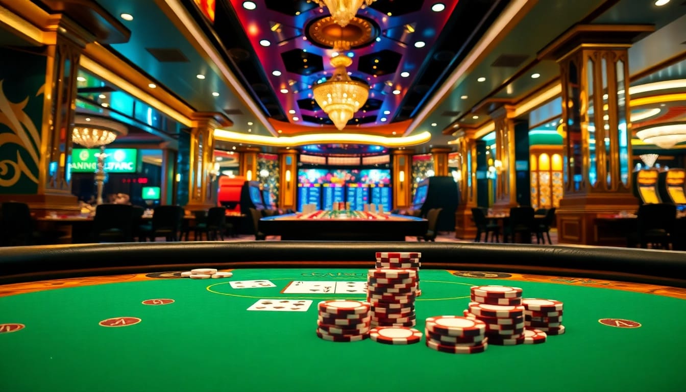 Spiele und Spannung bei casino spiele.de an einem eleganten Blackjack-Tisch in einem Casino.