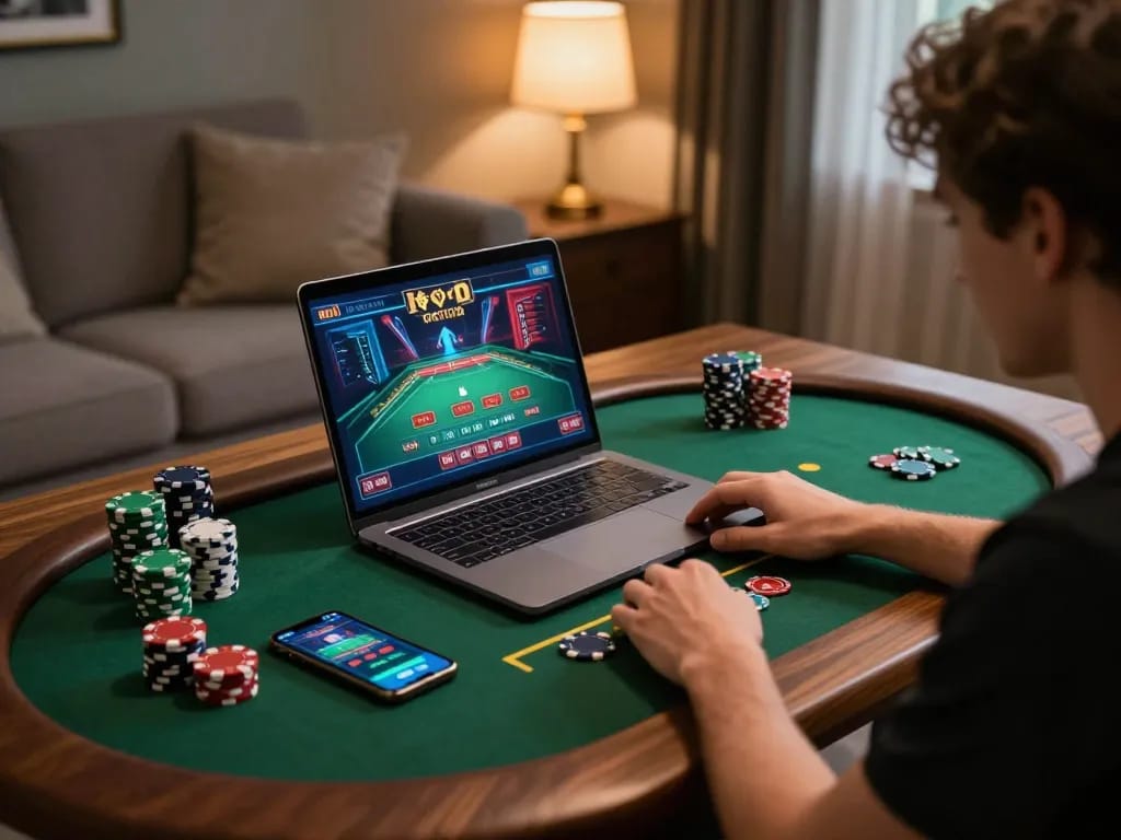 Player engaging in online casino games at luck8 net on cozy home setup