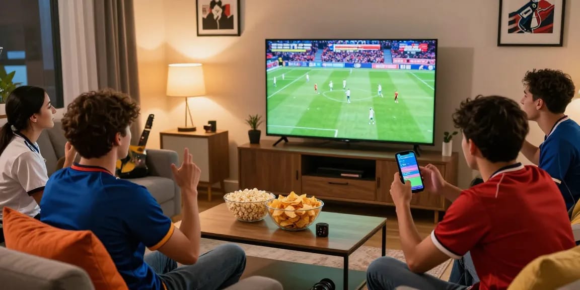 Exciting live football match بث مباشر in cozy living room with friends cheering.