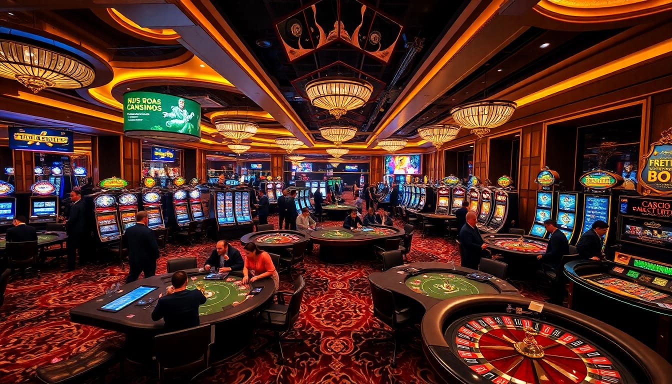 Exciting casino scene at kubet88 featuring lively poker tables and vibrant slot machines.