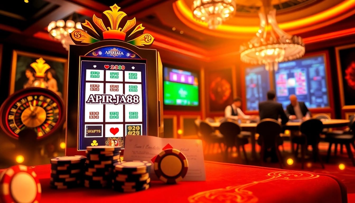 Experience the excitement of slot online apiraja88 with vibrant casino visuals featuring slot machines and poker chips.