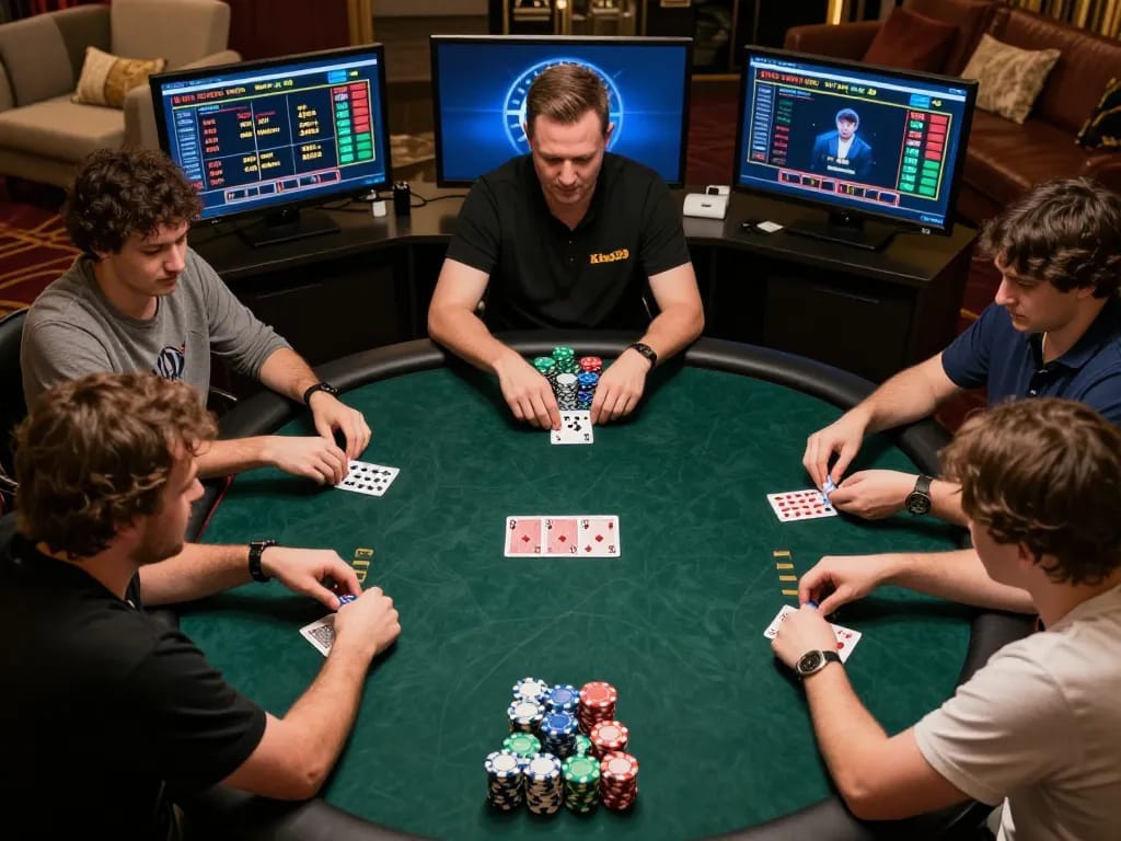 Players strategizing in an online King33 poker game, showcasing intense focus and colorful chips.