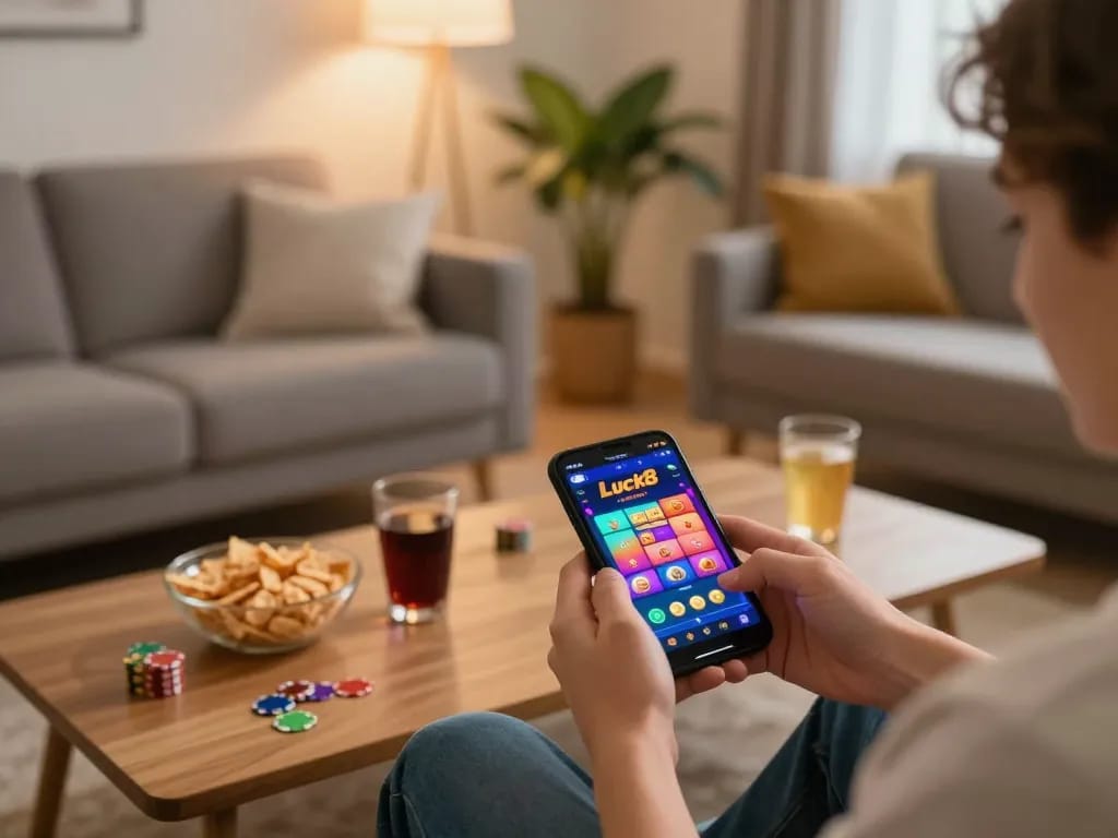 Attentive user logging in to LUCK8 for online gaming experience on a smartphone in a cozy setting.