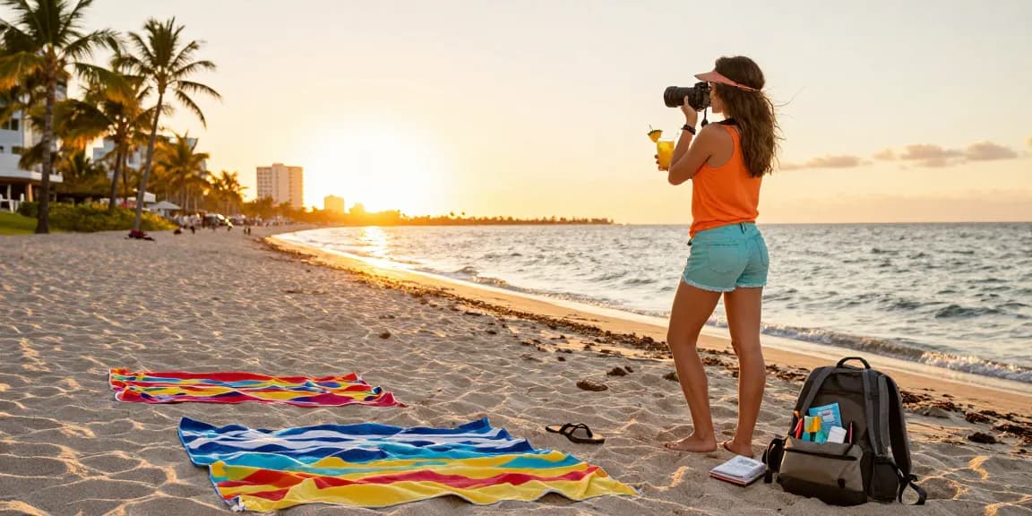 Wisatawan di https://miami4d.com/ menikmati suasana pantai dengan sunset tropis yang indah.