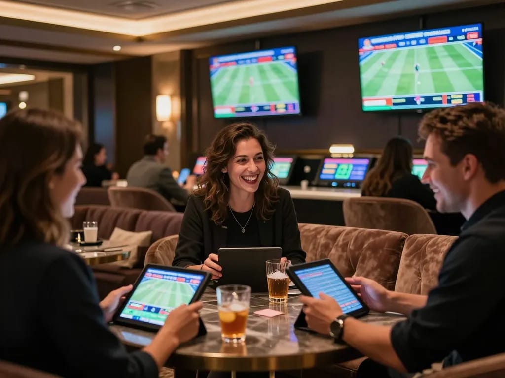 Smartcityhostels patrons engaged in live sports betting, showcasing excitement with tablets in a luxurious lounge