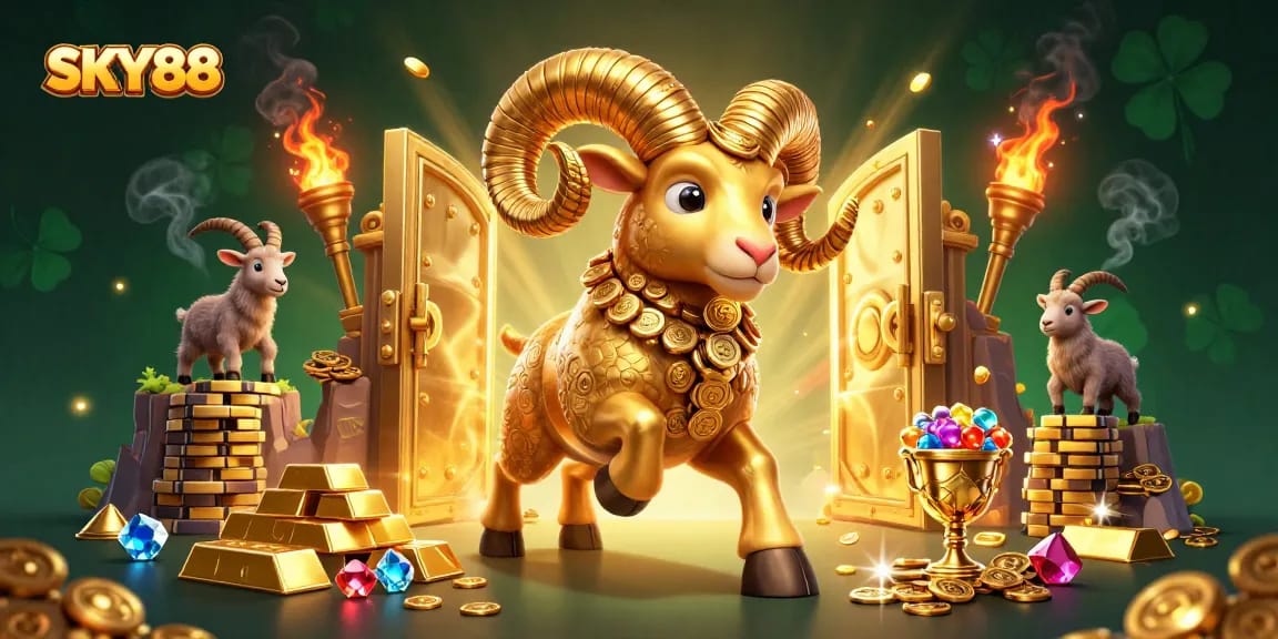 Engage in thrilling gameplay at SKY88 with a dynamic casino illustration featuring golden elements.