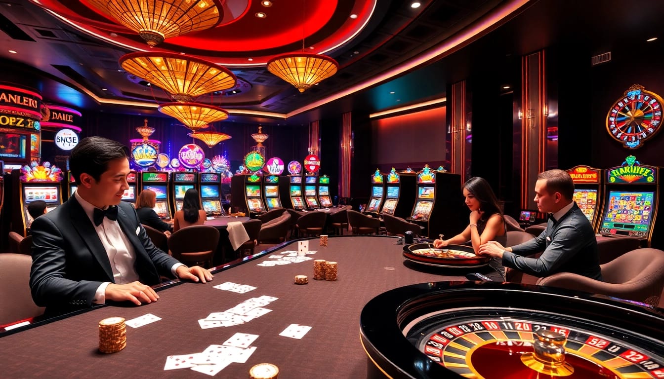Players enjoy high-stakes gaming at bro138, showcasing luxury casino ambiance with slots and tables.
