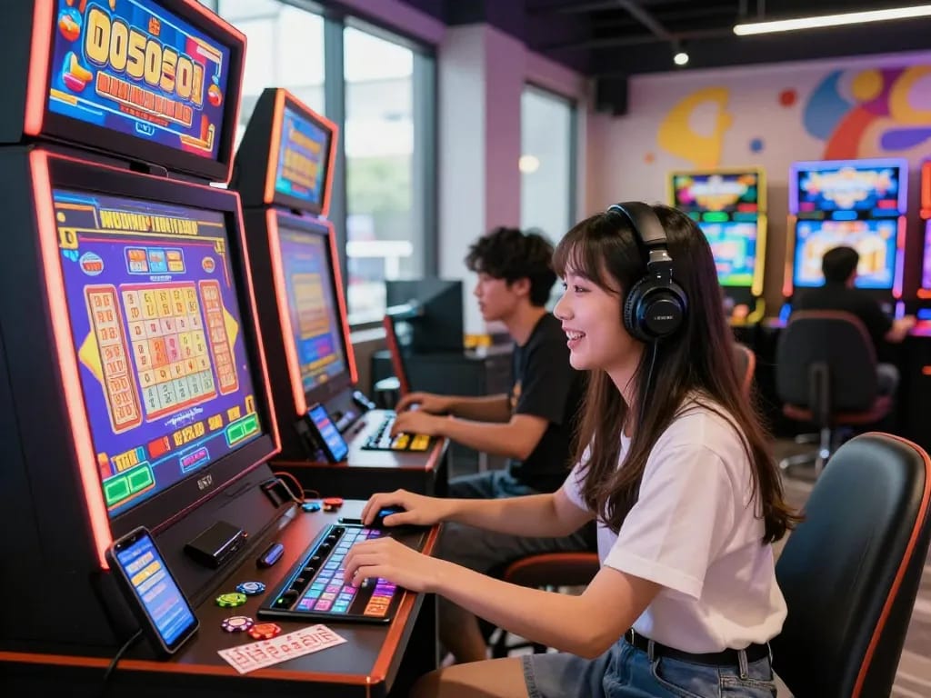 Youthful gamer enjoying toto togel at a dynamic online slot machine in a vibrant gaming lounge.