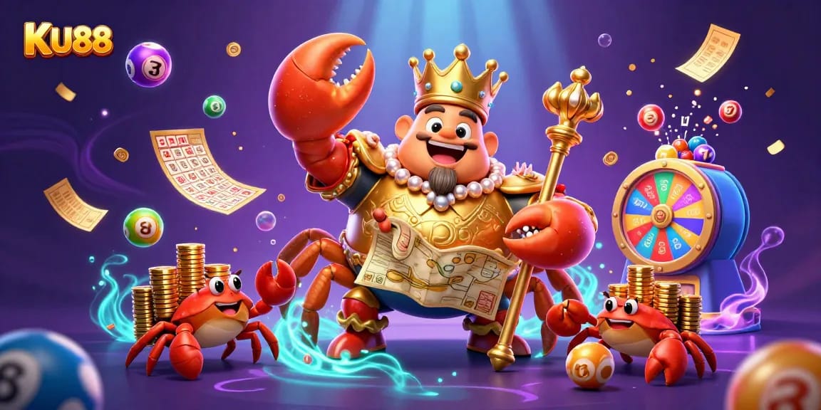 KU88 showcases a vibrant 3D casino world with a golden crab emperor amidst lottery elements.