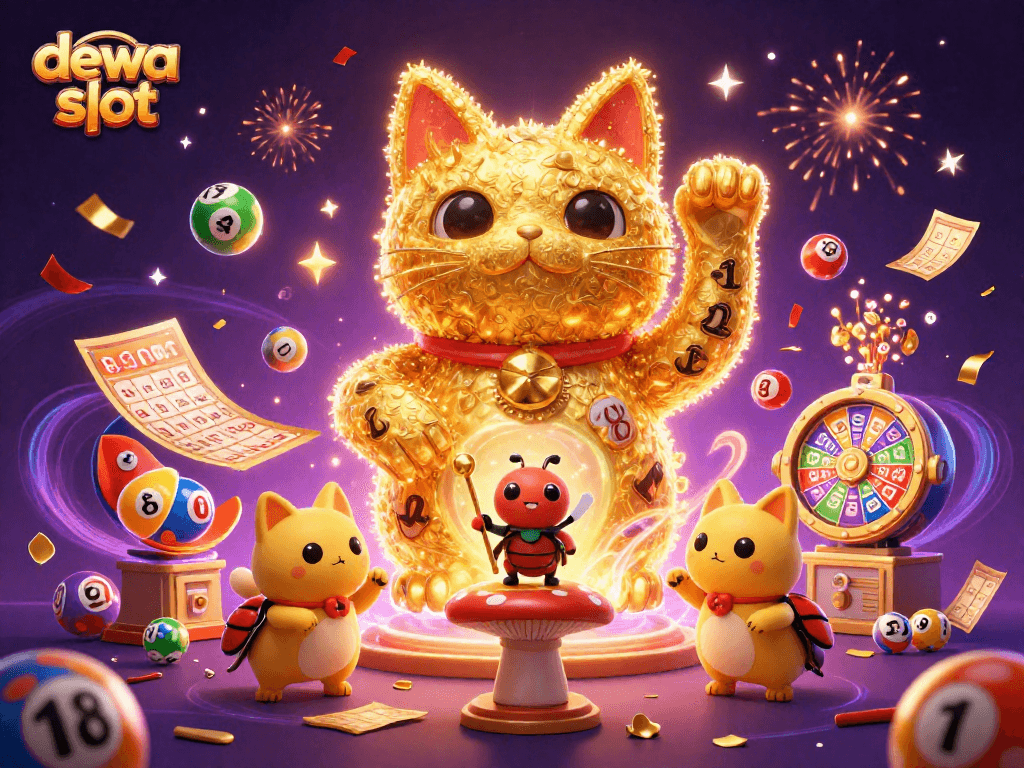 Menang besar dengan dewa slot yang dipenuhi simbol keberuntungan dan kebahagiaan di dalam kasino.