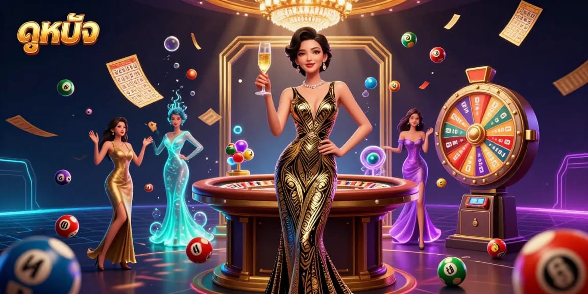 Experience ดูหนัง in style with vibrant casino elements featuring a glamorous woman and lottery dynamics.