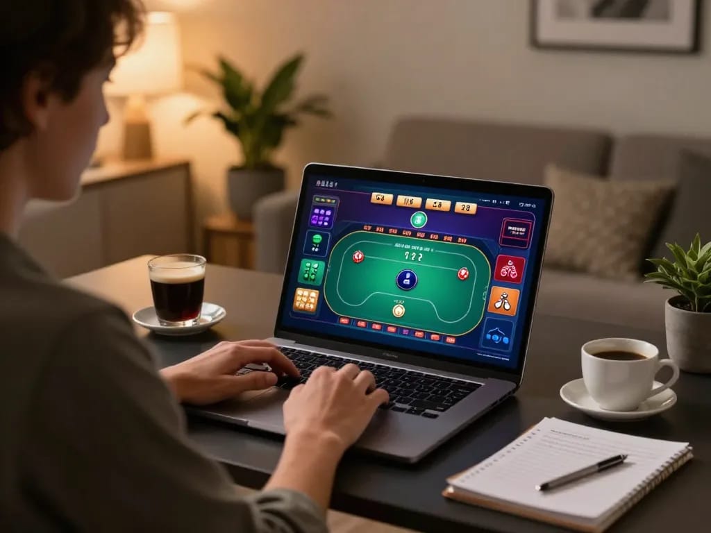 Player engaging in an online LC88 poker game with strategy notes visible, showcasing comfortable gaming.