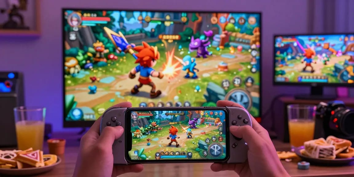 Mobile hentai games scene featuring an animated character battling monsters, glowing smartphone interface, and lively gaming atmosphere.