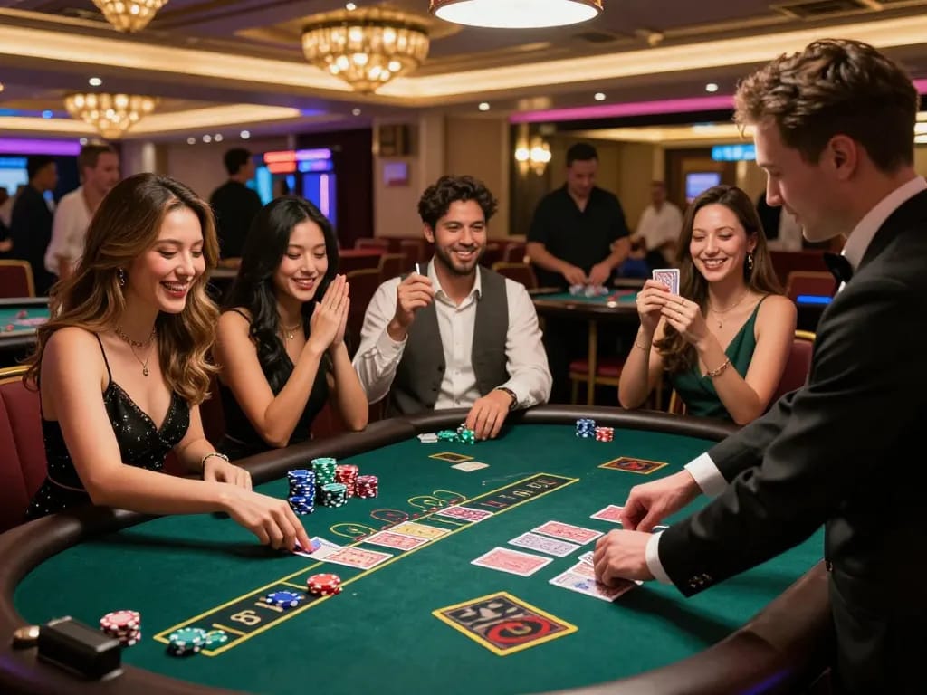 Friends enjoying free credit baccarat at an exciting casino table with colorful chips and cards.
