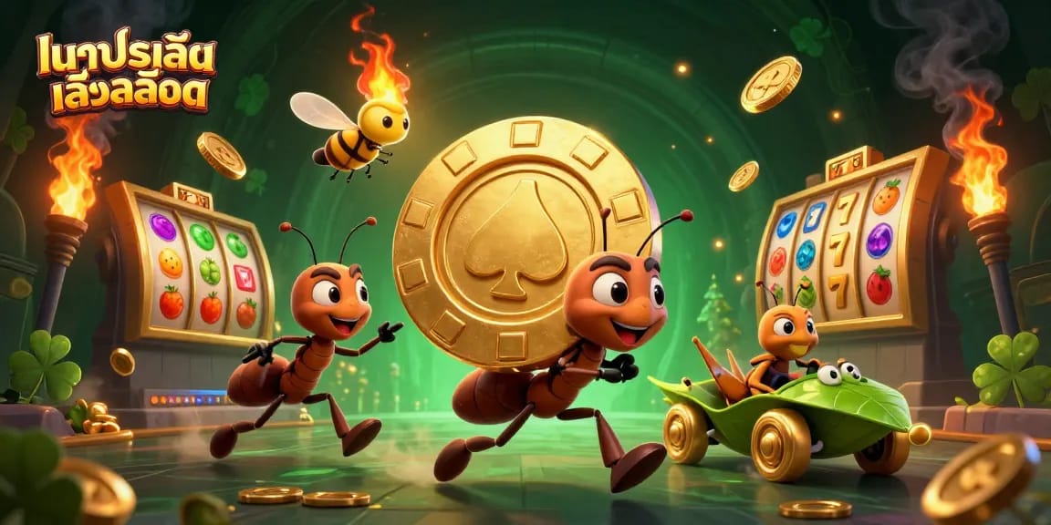 Engage in ทดลองเล่นสล็อต with a dynamic heist by ants carrying a giant poker chip amidst vibrant slot elements.