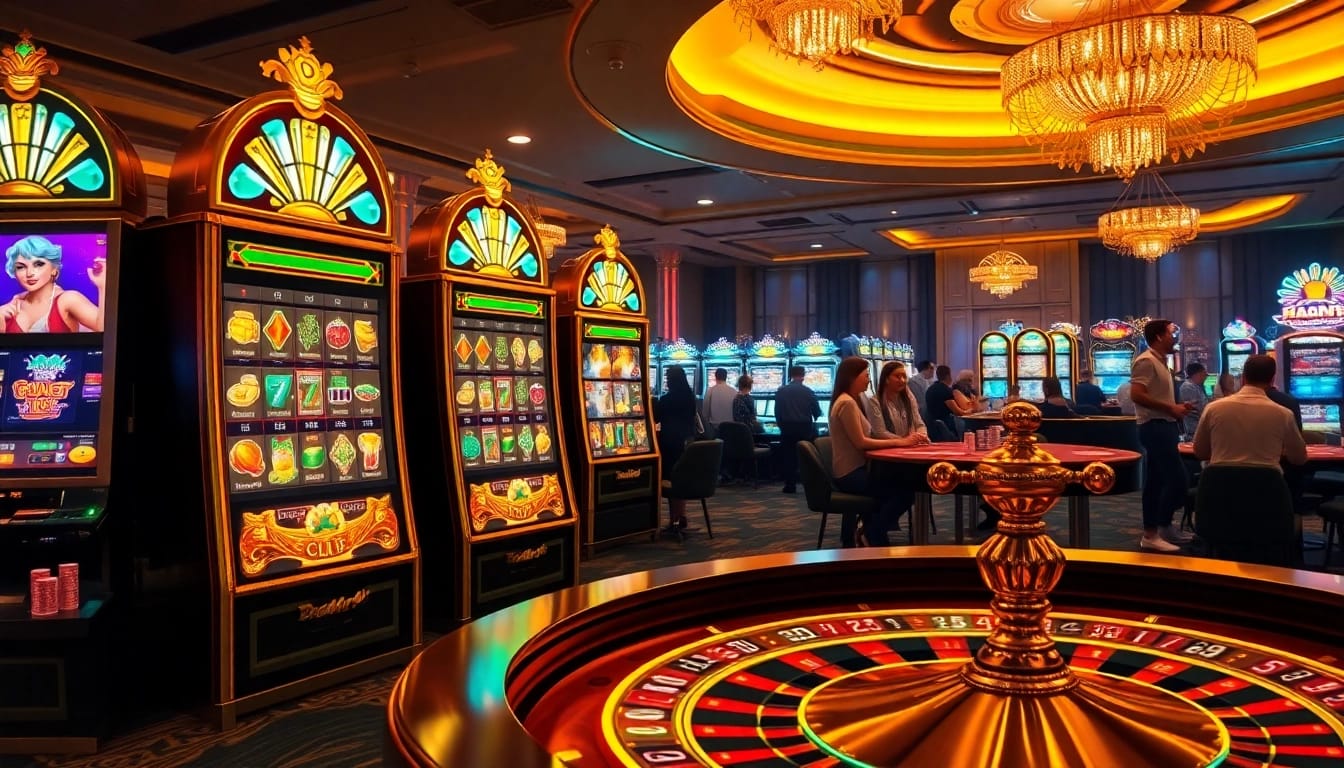 Experience the thrill of viral4d gaming with vibrant slot machines and roulette tables in a luxurious casino.