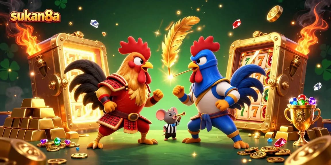 Sukan8a showcases a dramatic duel between twin roosters in a colorful casino setting with golden elements.