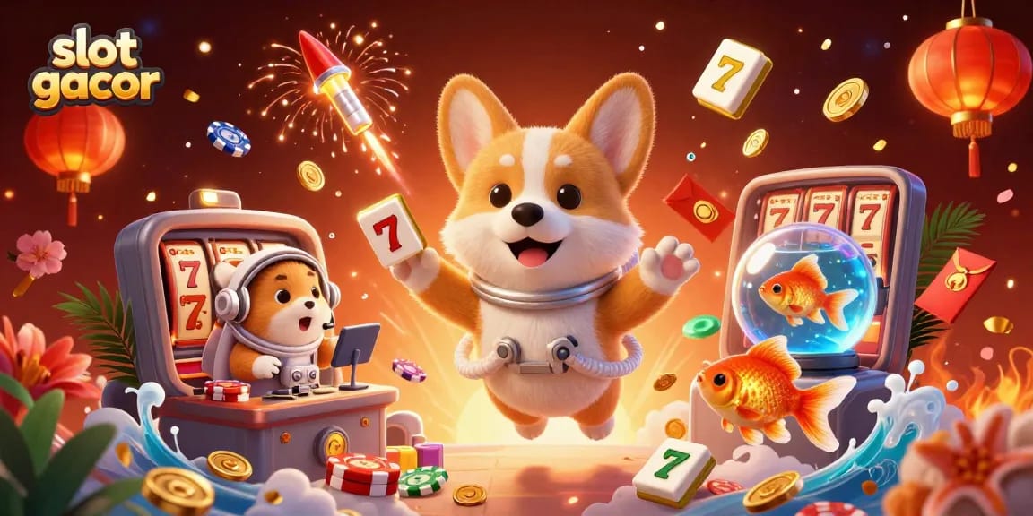 Engage with slot gacor in a vibrant casino scene led by a corgi astronaut surrounded by dynamic elements.