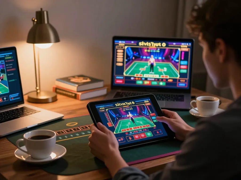 Situs toto ditampilkan di tablet selama sesi permainan dealer langsung, meningkatkan pengalaman judi online.