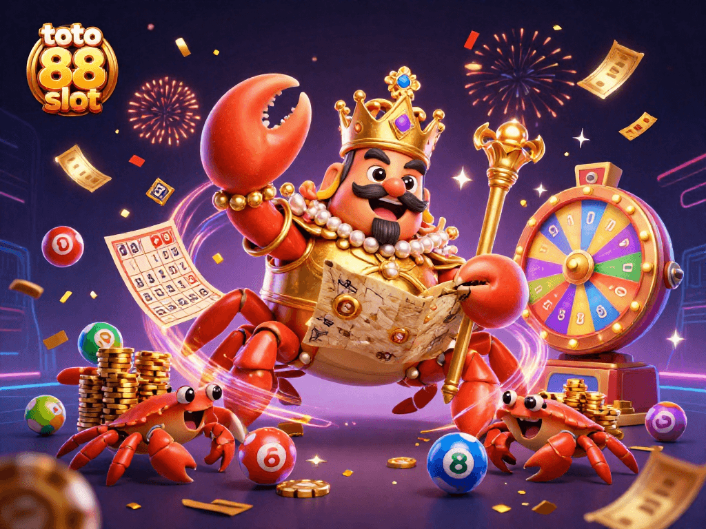 Experience the excitement of toto 88 slot with colorful elements and a golden crab emperor surrounded by dynamic lottery features.