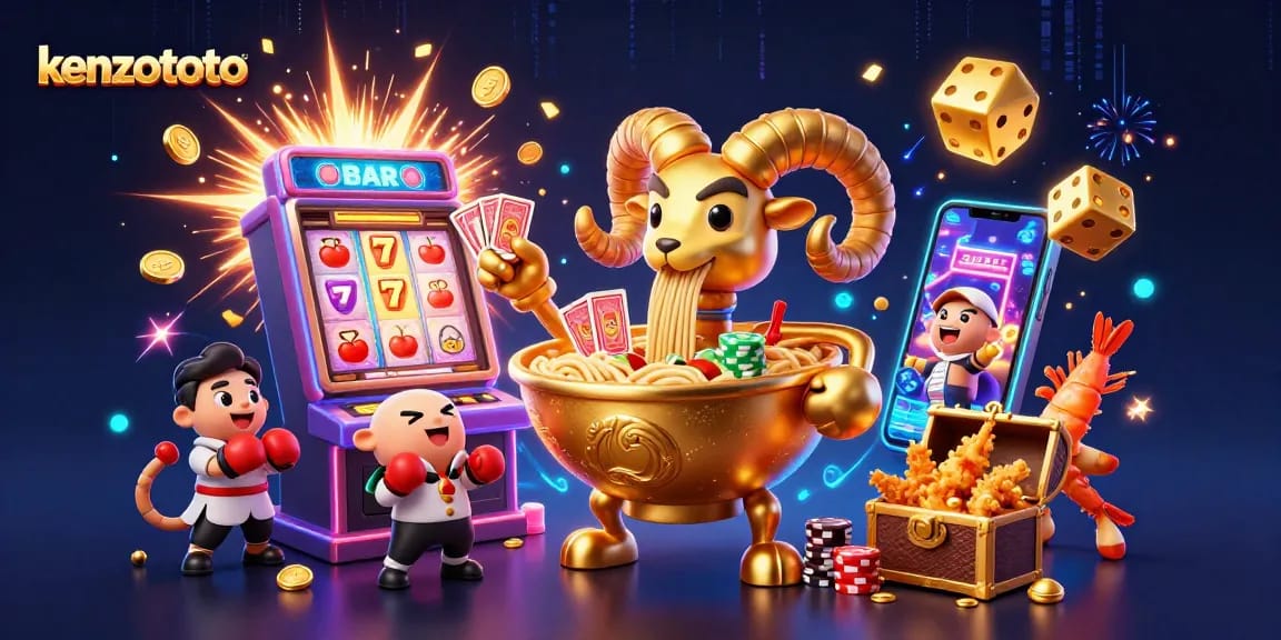 Kenzototo showcases a vibrant 3D illustration of engaging casino elements with dynamic characters and a jackpot explosion.