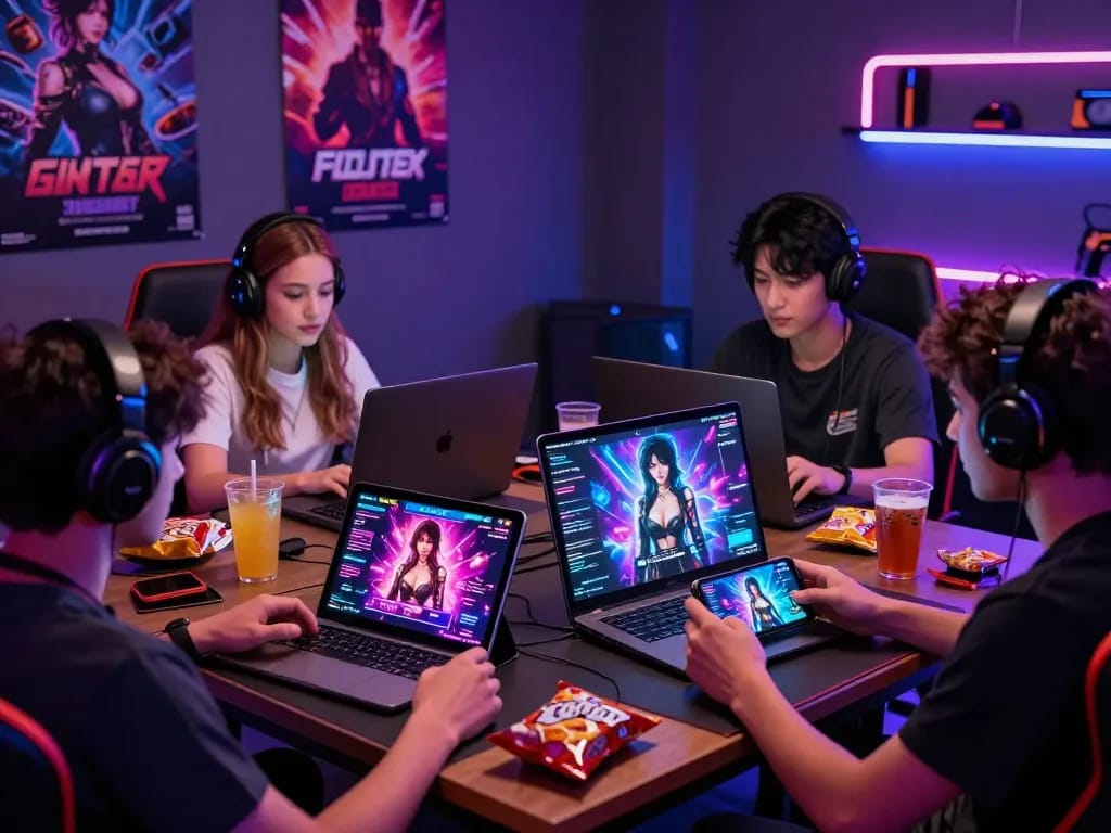 Diverse group of players immersed in engaging porngames on laptops and smartphones in a vibrant gaming setup.