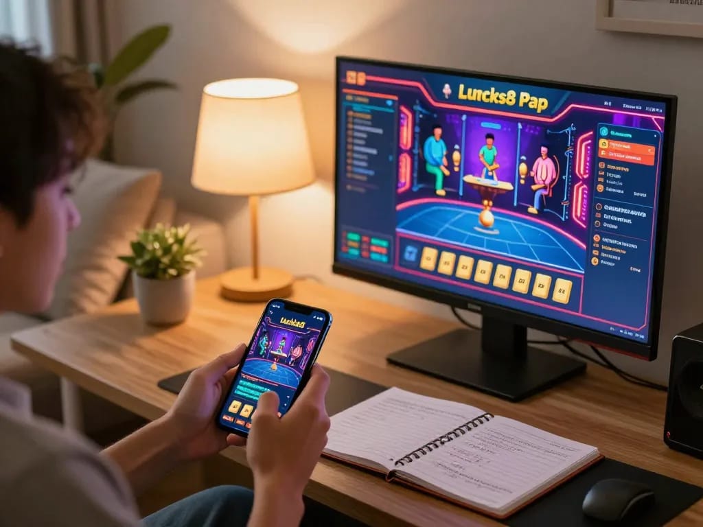 Người chơi Lucks8 tận hưởng trải nghiệm chơi game casino di động hấp dẫn trong một không gian ấm cúng tại nhà.